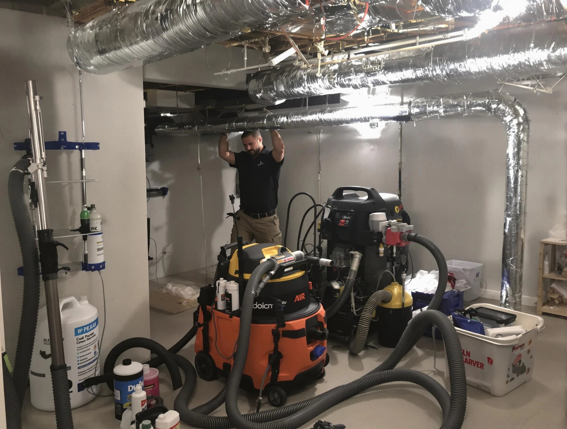 Chelmsford Air Duct Cleaning specialist performing professional mold removal from air ducts using safety equipment in Chelmsford