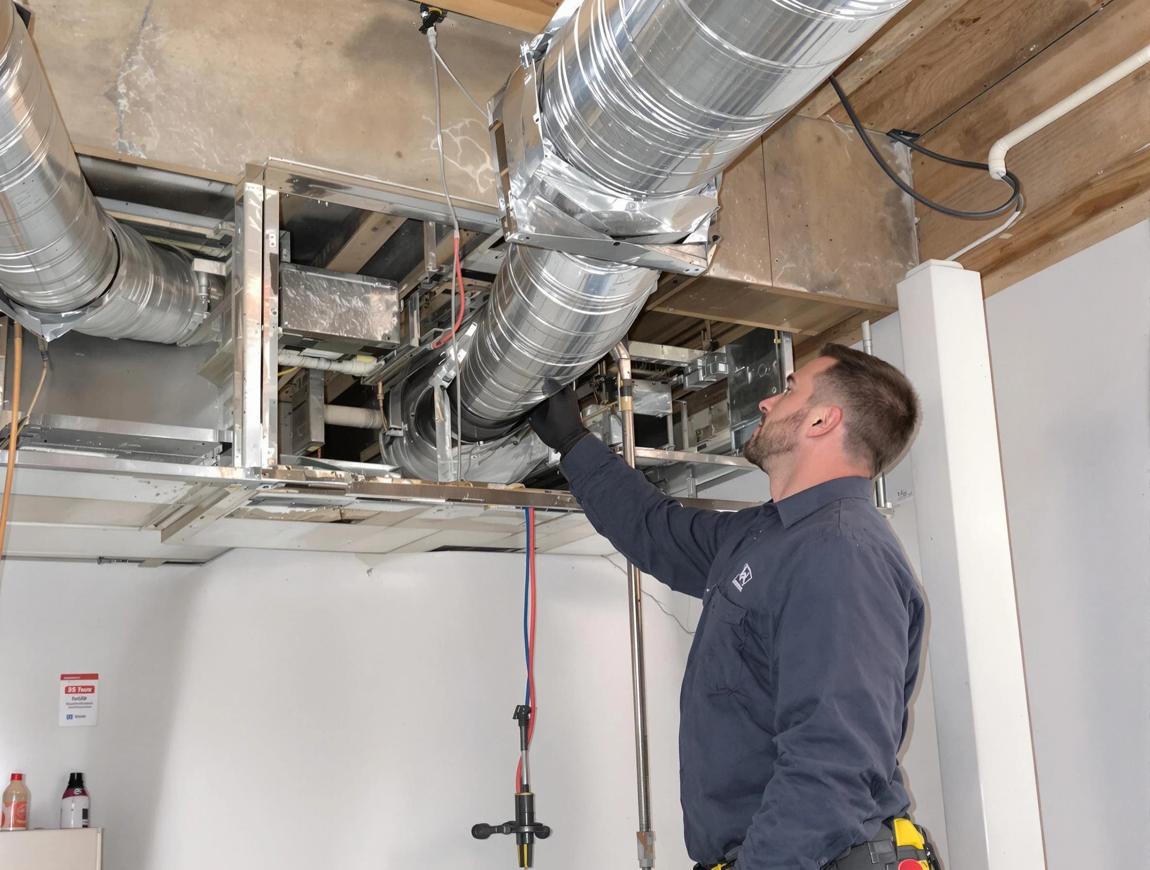 Chelmsford Air Duct Cleaning technician performing professional air duct repair using specialized tools in Chelmsford