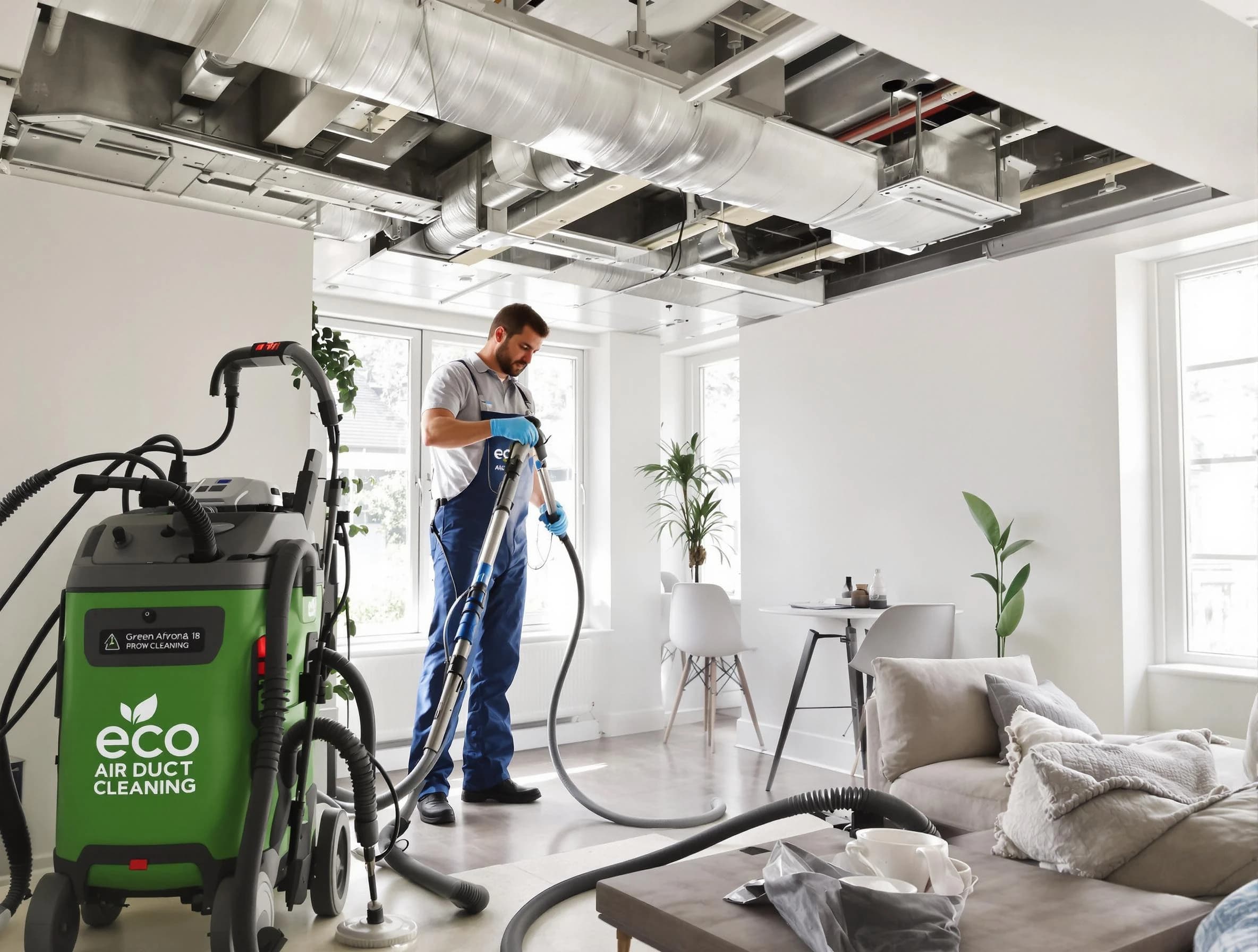 Chelmsford Air Duct Cleaning technician performing eco-friendly duct cleaning using sustainable methods in Chelmsford
